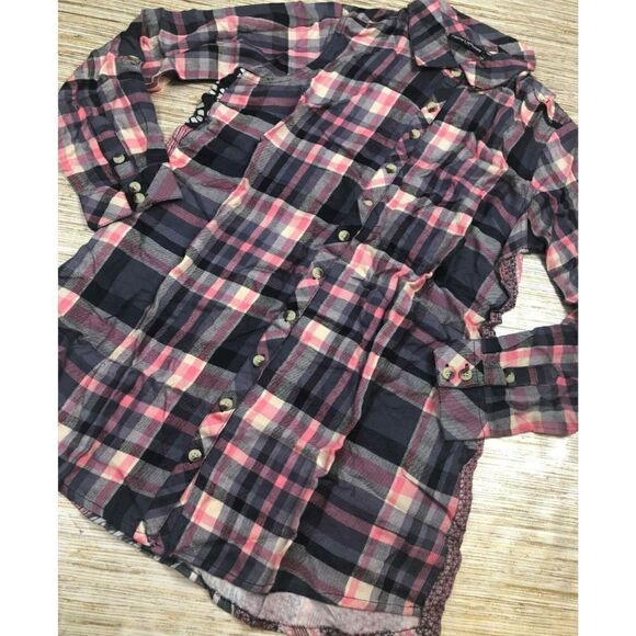 Tolani Tops - N-68 Tolani Collection Button Front Tunic w/ Printed Back PINK/SLATE PLAID XXS